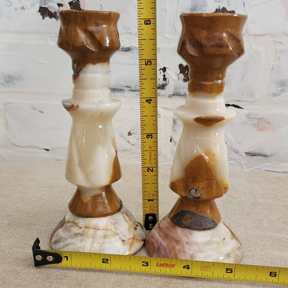 Vintage Marble Candle Holders Brown-Cream-White Made in Mexico Set/2 - 6.5" Tall - Picture 7 of 8